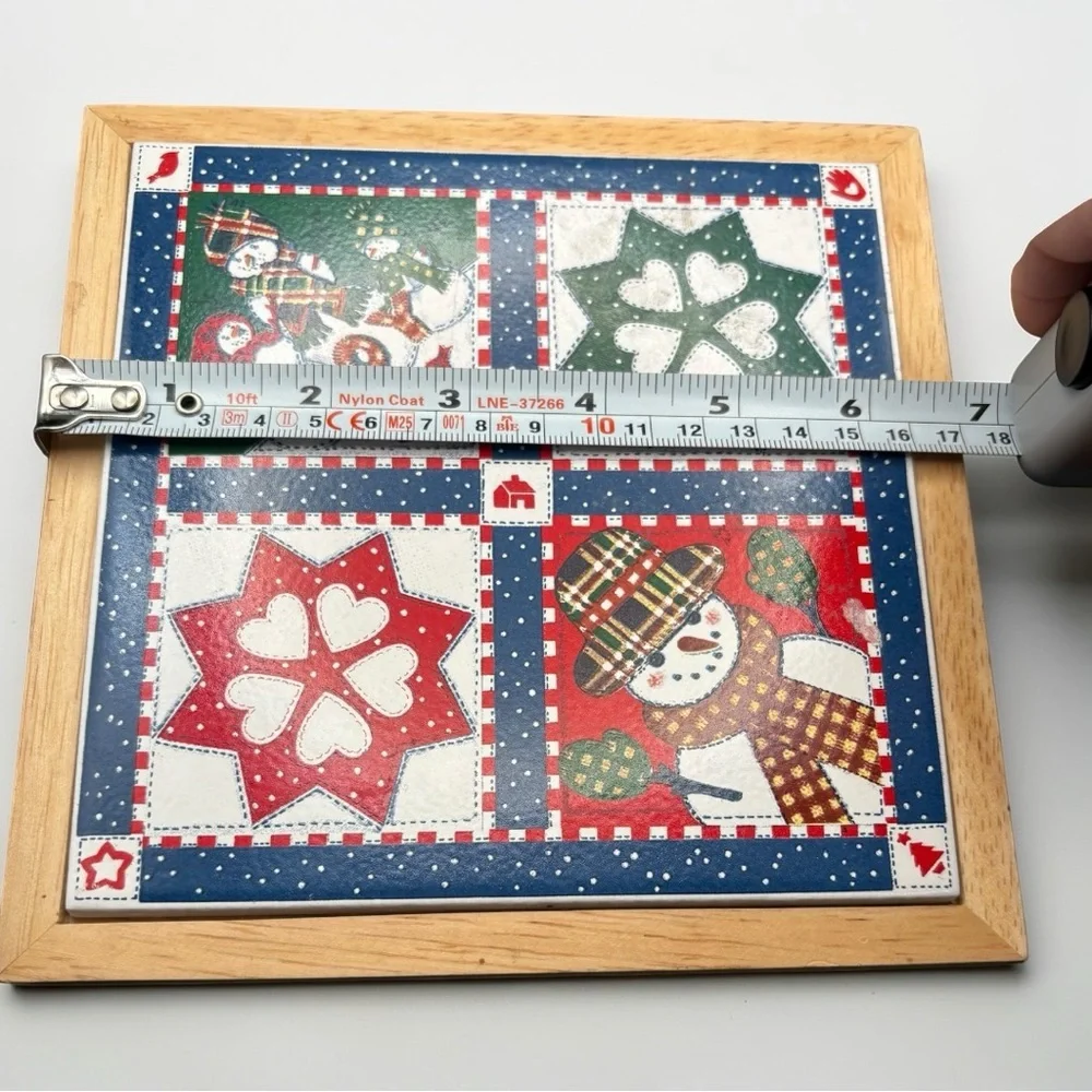 Hallmark Cards Christmas Ceramic Quilt Design With Wood Trim Trivet Vintage